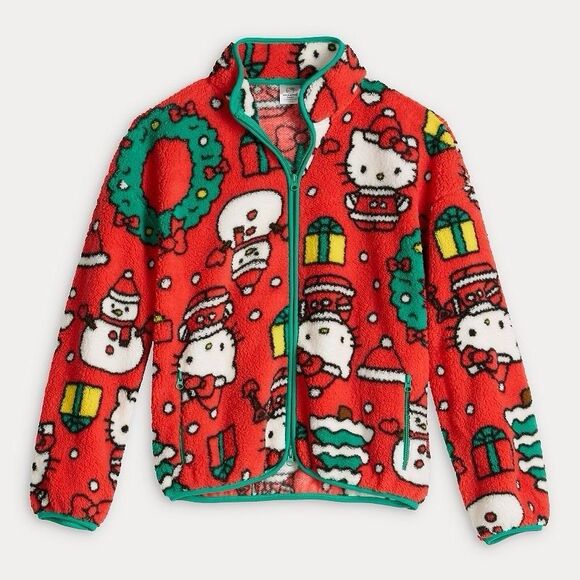 Hello Kitty Printed Fleece Christmas Sweater Jacket Size XL Sherpa Zip Up - Picture 1 of 9
